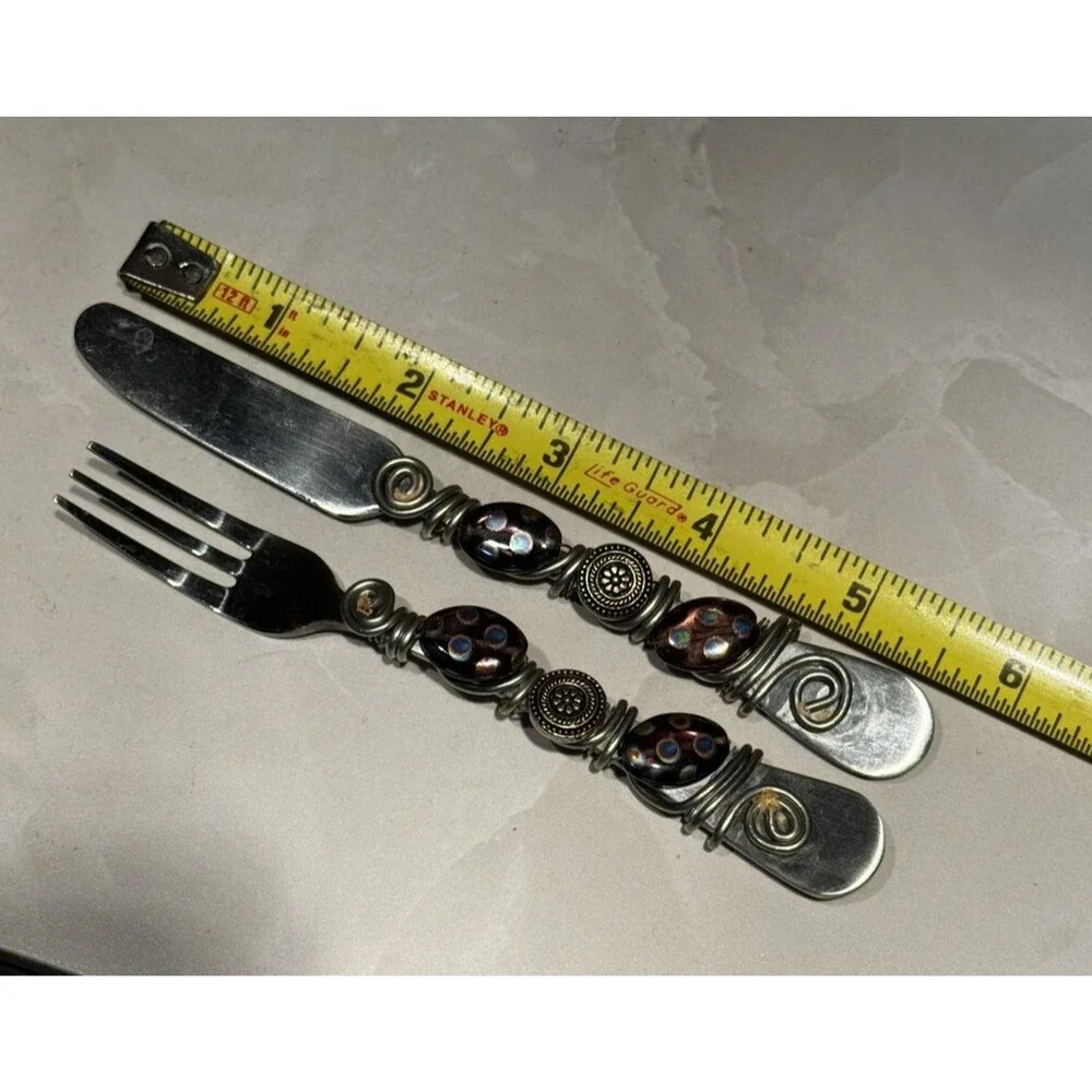 Set Of 2 Serving Utensils With Coiled Stone Beaded Deco Stainless Fork & Knife